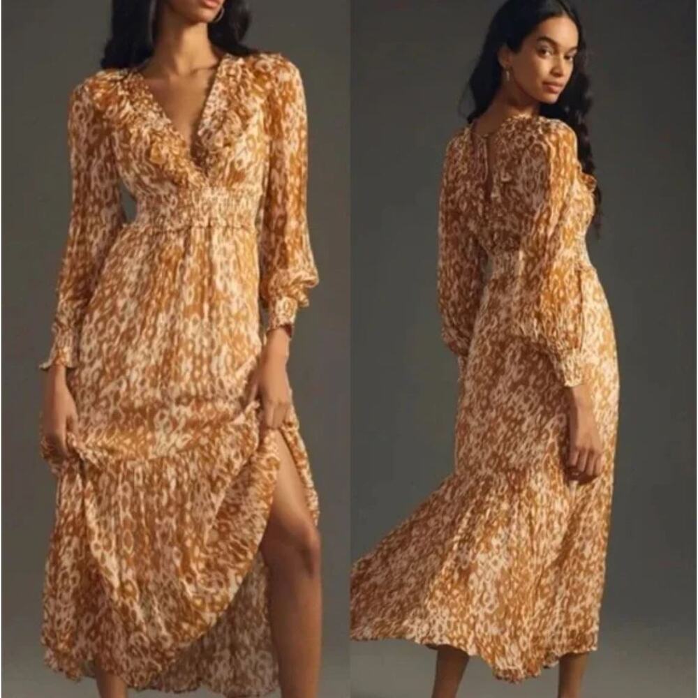 Anthropologie Odetta Ruffled V Neck Maxi Dress Small Honey Orange Boho Cottage - Picture 2 of 13